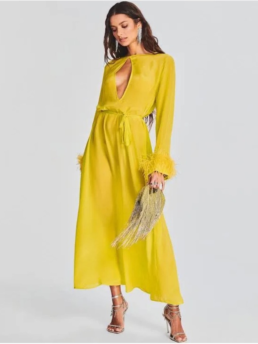 Retrofete  Chartreuse dress/caftan with Feather Cuff and Tie Waist